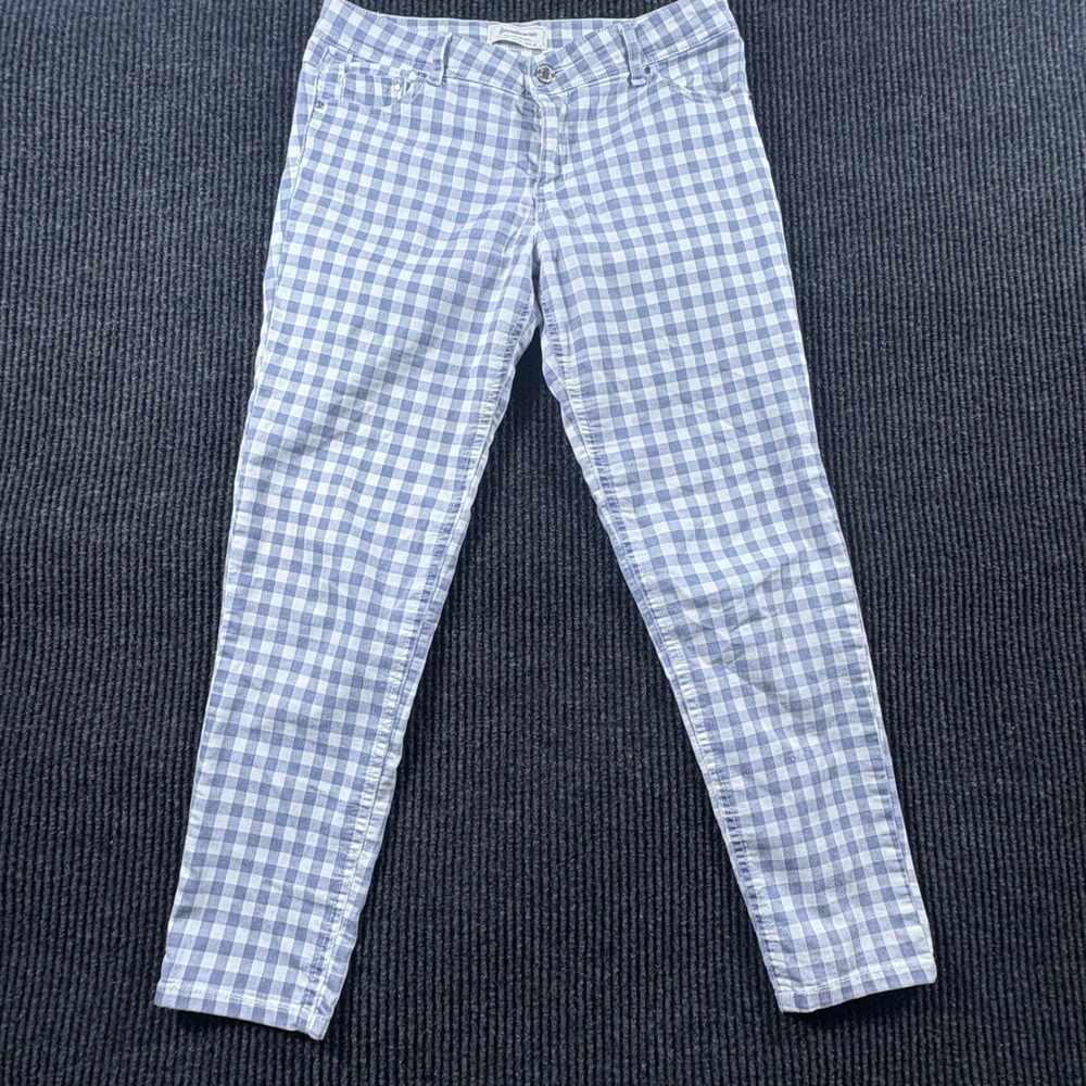 Stradivarius Pants Womens 6 Blue Gingham Slim Fit Stretch Checkered Denim Casual
